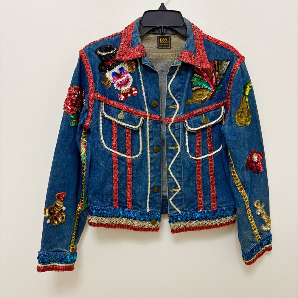 Vintage Custom Bedazzled Sequin Denim Jacket 70s Lee Clown Vegas Carnival Womens